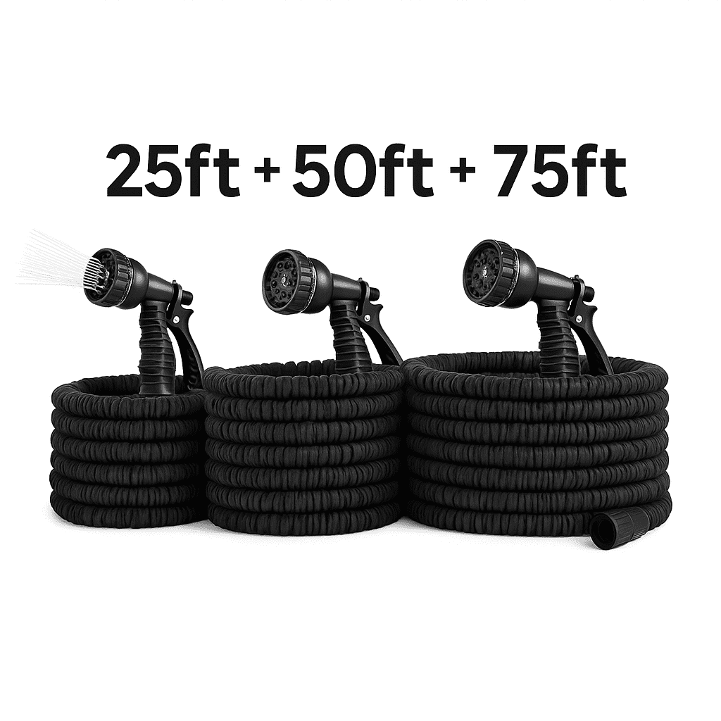 Dasoch 3-Pack Expandable Garden Hose Bundle: 25ft + 50ft + 75ft – Multi-Length Flexible, Anti-Leak Outdoor Set-Black