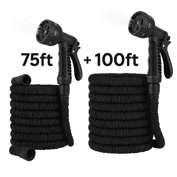 Dasoch 75ft + 100ft Expandable Garden Hose Twin Pack – Heavy-Duty, Lightweight, Anti-Kink Multi-Size Bundle (Black)