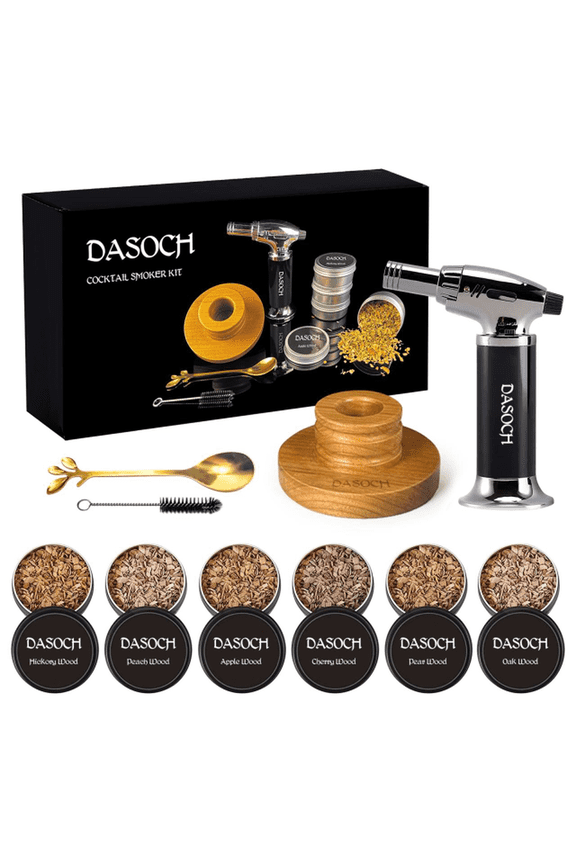 Cocktail Smoker Kit with Torch 6 Flavors Wood Chips Old Fashioned Drink Smoker Kit, Birthday Bourbon Whiskey Gifts for Men, Dad, Husband -Black Silver