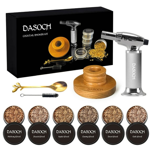 Dasoch Cocktail Smoker Kit with Torch  6 Flavors Wood Chips  Old Fashioned Drink Smoker Kit-Without Butane Silver