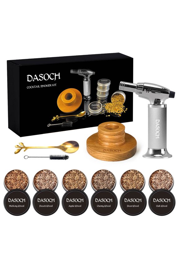 Cocktail Smoker Kit with Torch 6 Flavors Wood Chips Old Fashioned Drink Smoker Kit-Without Butane Silver
