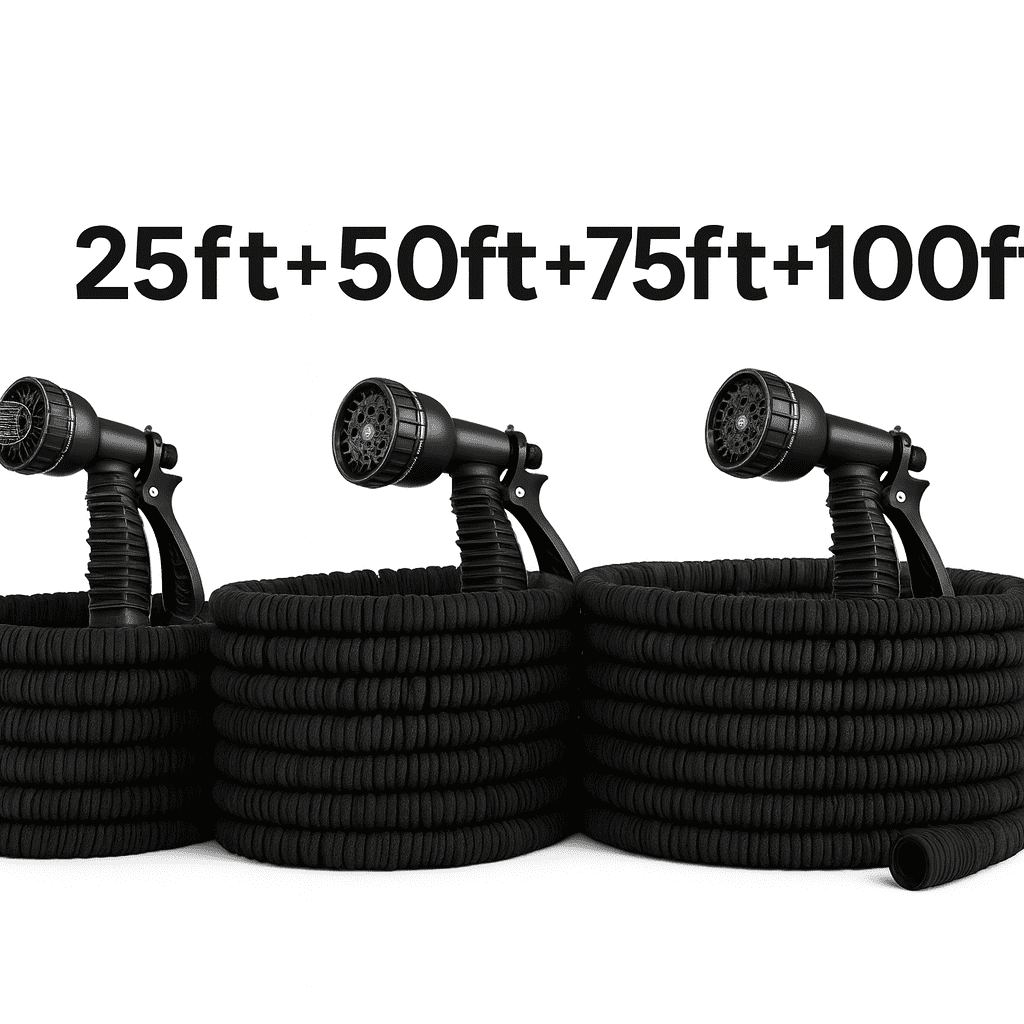 Dasoch Garden Hose Kit – 4-Pack Multi-Length Set (25ft/50ft/75ft/100ft) – Heavy-Duty, Black-(Patent Pending Design)