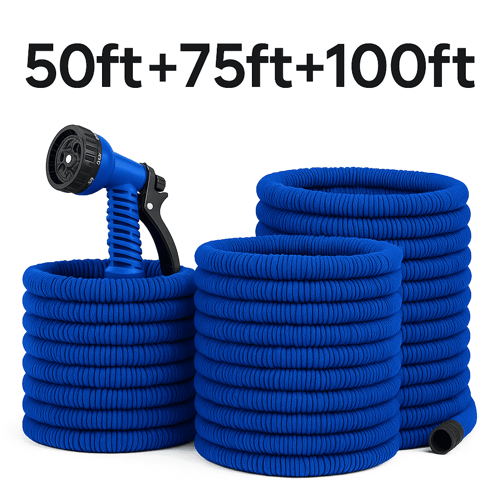 Dasoch Expandable Garden Hose Kit – 4-Pack Multi-Length Set (25ft/50ft/75ft/100ft) – Heavy-Duty, Lightweight, Kink-Free Complete Outdoor Watering Bundle-Blue