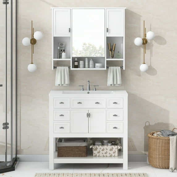 Dasun 36'' Bathroom Vanity with Top Sink, Modern Mirror Cabinet with Towels Bar, Bathroom Storage Cabinet with 2 Soft Closing Doors and 6 Drawers, Single Sink Bathroom Vanity, White