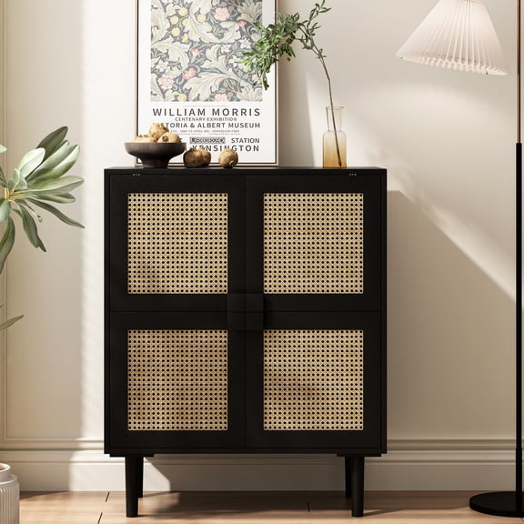 Dasun 4-Doors Rattan Mesh Storage Cabinet, Sideboard with Eight Storage Spaces, for Entryway, Living Room, Hallway (Black)