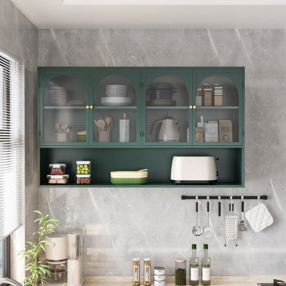 Dasun 47.25" Four-door Glass Wall Cabinet Storage, Wall-mounted, Suitable for Kitchen, Living Room, Bathroom(Dark Green)