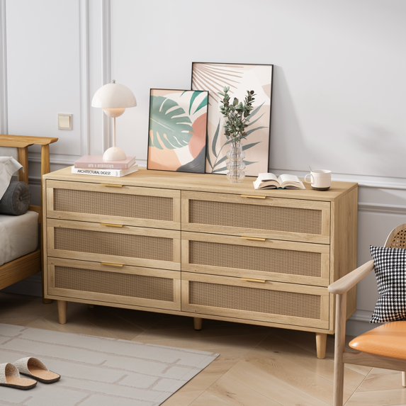 Dasun 59.06"6-Drawers Rattan Storage Cabinet Rattan Drawer with White Drawer Slides,for Bedroom,Living Room,Natural