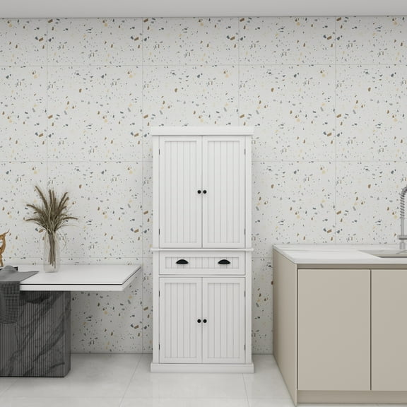 Dasun 71" Kitchen Pantry Storage Cabinet , with 4 Doors, Drawer, 2 Adjustable Shelves, Freestanding Cupboard for Dining Room Living Room, Laundry-White01