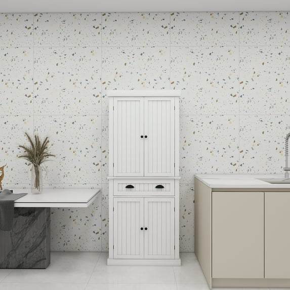 Dasun 71" Kitchen Pantry Storage Cabinet , with 4 Doors, Drawer, 2 Adjustable Shelves, Freestanding Cupboard for Dining Room Living Room, Laundry-White01