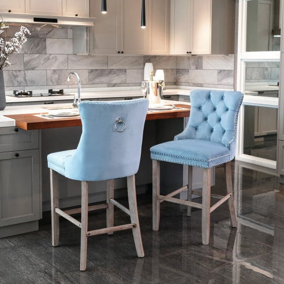 Dasun Contemporary Velvet Upholstered Barstools with Button Tufted Decoration and Wooden Legs, and Chrome Nailhead Trim, Leisure Style Bar Chairs,Bar stools, Set of 2 (Light Blue)