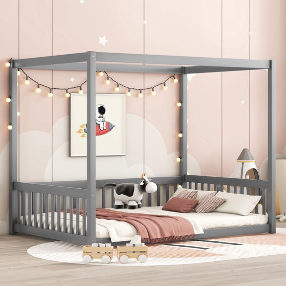 Dasun Full Size Canopy Frame Floor Bed with Fence, Guardrails,Grey