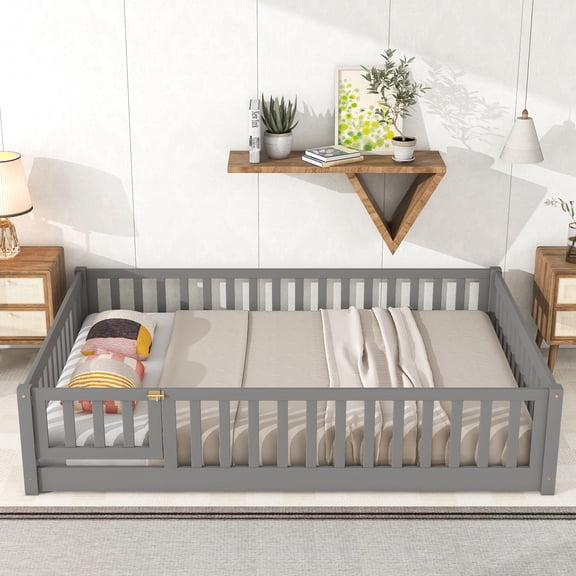 Dasun Full size Floor Platform Bed with Fence and Door,Grey