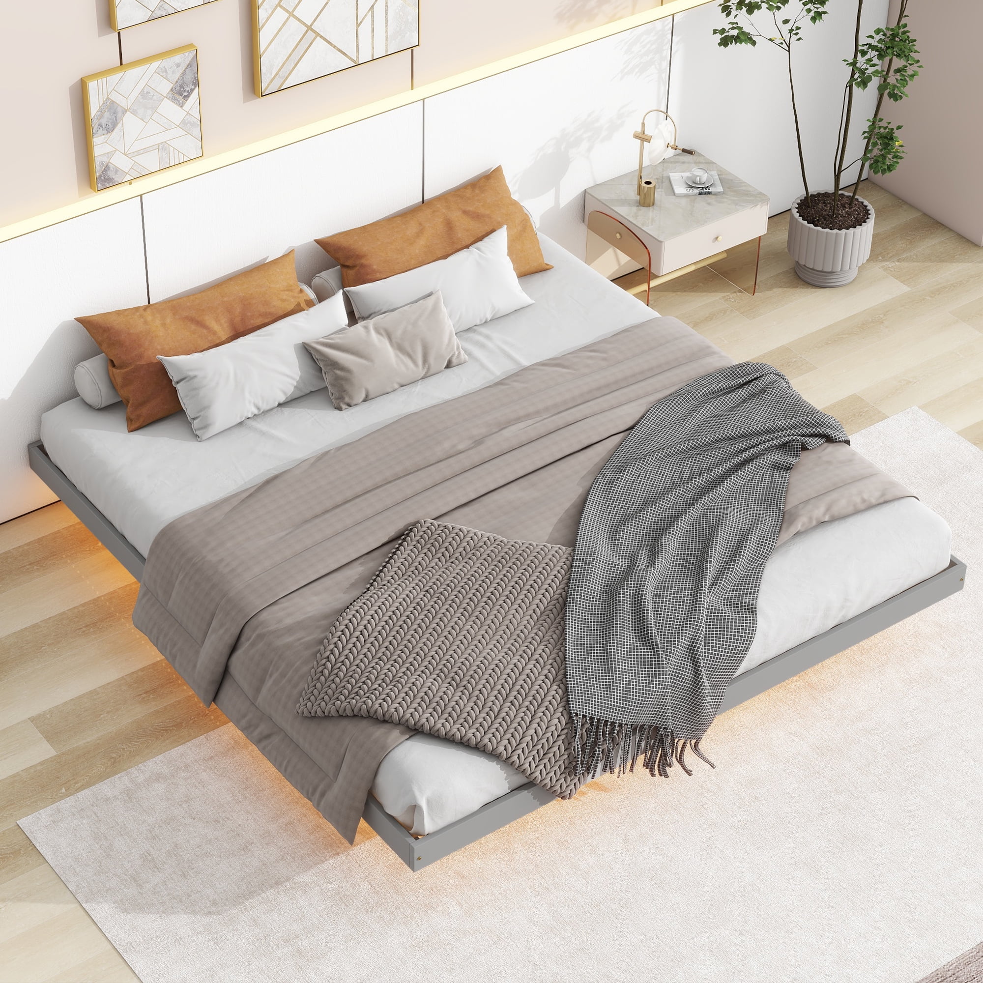 Image showcasing Dasun King Size Floating Bed with LED Lights underneath, Modern King ...