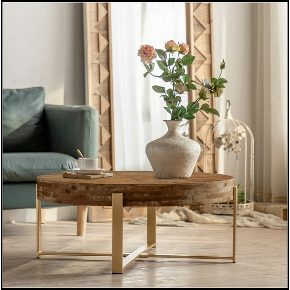 Dasun Modern Storage Round MDF Coffee Table, Natural Gold