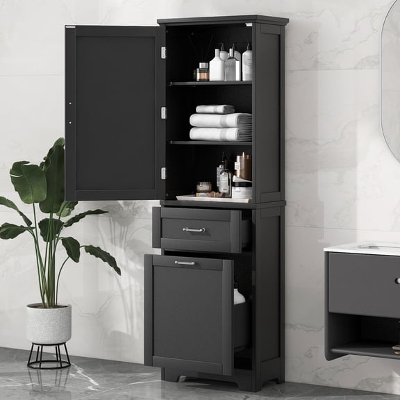 Dasun Modern Tall Bathroom Cabinet, Freestanding Storage Cabinet with Two Different Size Drawers and One Door, Adjustable Shelf, MDF Board with Painted Finish, Black