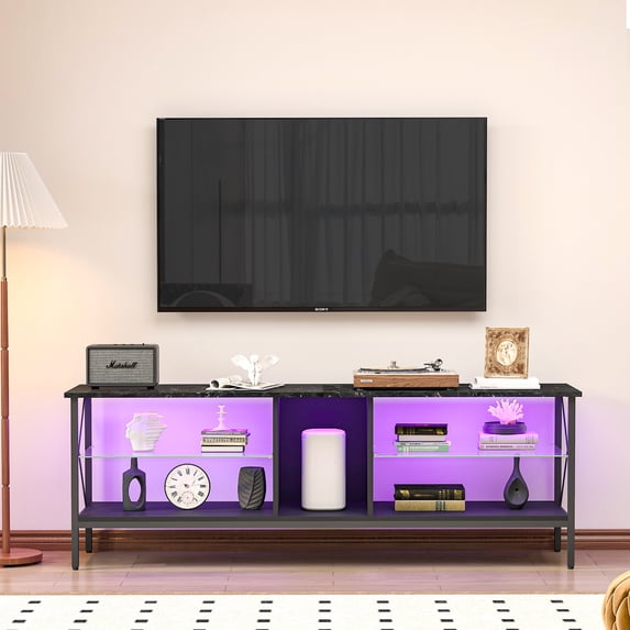 Dasun TV stand,Iron TV cabinet,entertainment center, TV set, media console with LED lights, remote control,can be placed in the living room, bedroom, black with marble texture