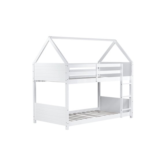 Dasun Twin Over Twin House Floor Bunk Bed with Headboards, Footboards and Guardrails, Ladder, Rubber Wood Bunk Bed with Safety Guardrails,White