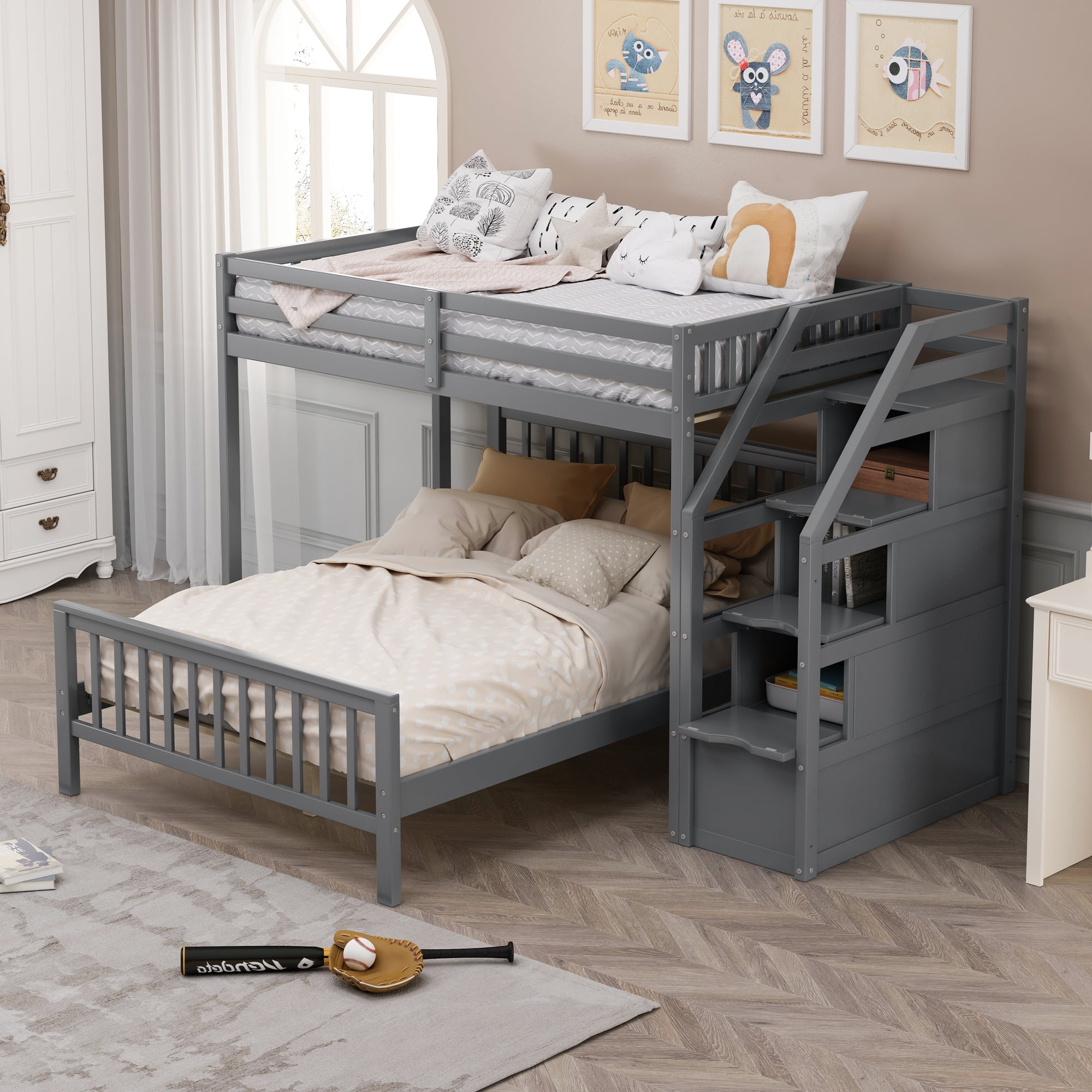 Dasun Twin over Full Loft Bed with Staircase Gray - Walmart.com