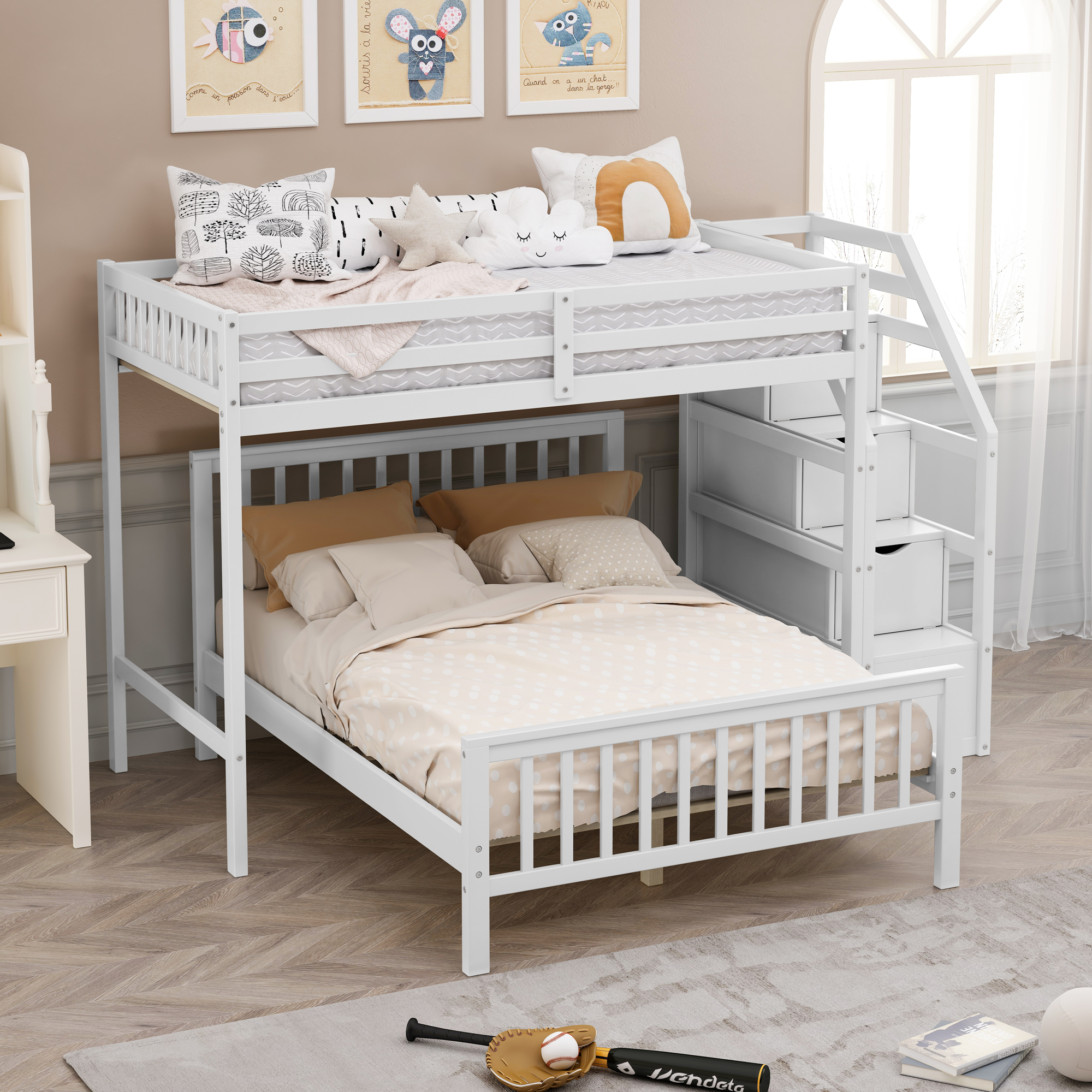 Dasun Twin over Full Loft Bed with Staircase White - Walmart.com