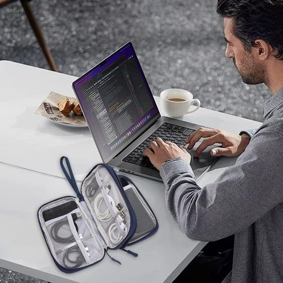 Data Cable Organizer Bag | Travel Storage Case for Cords Chargers Headphones | 2 Compartments | Water Resistant Fabric | Compact Size 8.7x5.1x1.6 in | Office Business Use