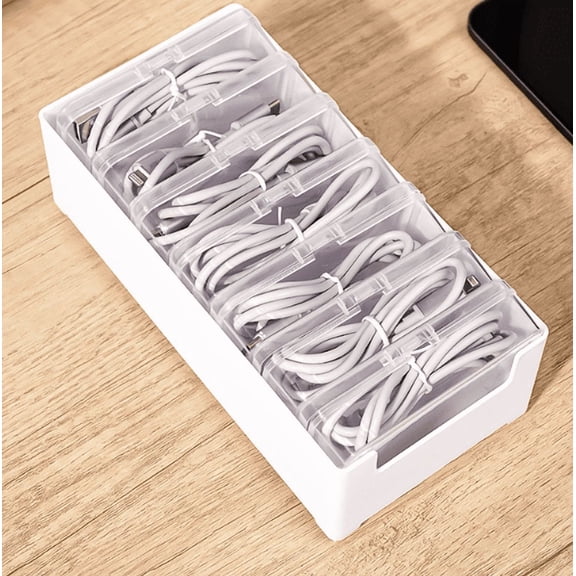 Data Cable Storage Box, Desktop Cable Management Organizer, Multi-Compartment Charger Cord Holder for Office Home, Plastic, 20 x 10 x 6 cm, 1 Pack