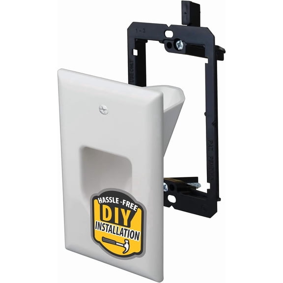 DataComm Electronics 1-Gang Recessed Cable Wall Plate with Bracket, In-Wall Cable Management, Hides 4 Cords, DIY-Friendly Cord Hider for Wall-Mounted TV