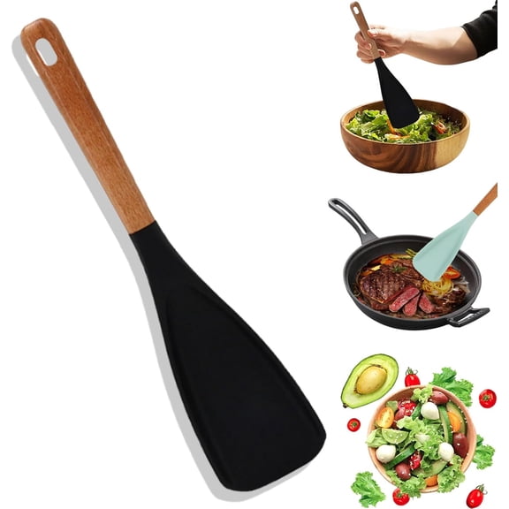 Datactively Multifunction Spoon, Multi Function Spatula Spoon with Wooden Handle, Silicone Cooking Spoon for Nonstick Cookwares, for Mixing, Scoop, and Scrape (1pc-black)