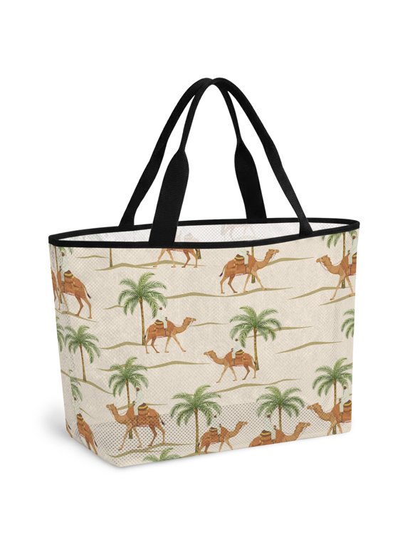 Date Coconut Tree Beach Bag for Women,Large Breathable Mesh Beach Tote Bag,Desert Camels Botanical Tropical Beige Sandproof Lightweight Travel Bags for Vacation Picnic Swimming Pool 15.7"x15.7"x9.1"