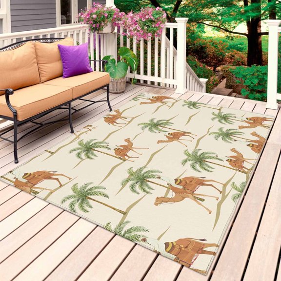 Date Coconut Tree Outdoor Rug 6x9 Ft, Non Slip Washable Area Rug, Desert Camels Botanical Tropical Beige Patio Rugs Carpet Runner, Large Floor Mat for Indoor/Outdoor Deck Porch Camping