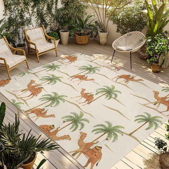 Date Coconut Tree Outdoor Rug for Patio/Deck/Porch, Non-Slip Large Area Rug 6 x 9 Ft, Desert Camels Botanical Tropical Beige Indoor Outdoor Rugs Washable Area Rugs, Camping Rug Carpet Runner