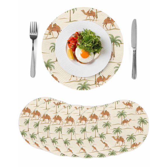 Date Coconut Tree Round 13 Inch Placemats Set of 8, Desert Camels Botanical Tropical Beige HeatResistant Non Slip Place Mats for Dining Table, Wipeable Braided Kitchen Table Mats for Housewarming