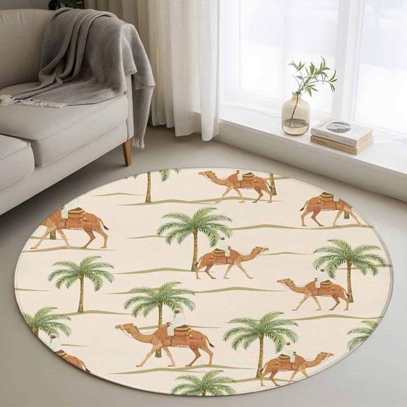 Date Coconut Tree Round Area Rug 4ft, Desert Camels Botanical Tropical Beige Washable Non-Slip Circle Rugs for Bedroom Living Room Kitchen, Soft Non Shedding Circle Carpet for Dining Room Dorm