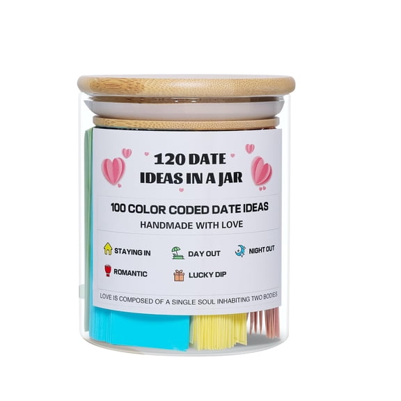 Date Idea Jar, 120 Date Ideas in a Jar for Couples with 100 Prewritten Activity Cards, Reusable Glass Jar with Bamboo Lid Relationship Gift