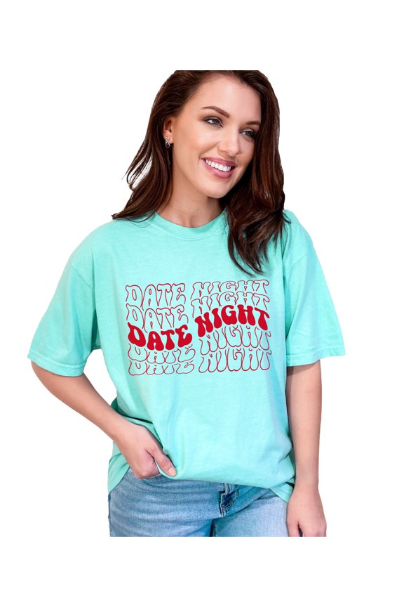 Date Night, Couple or Lovers Quote, Groovy Retro Wavy Text, Chalky Mint Comfort Colors T-Shirt, Medium