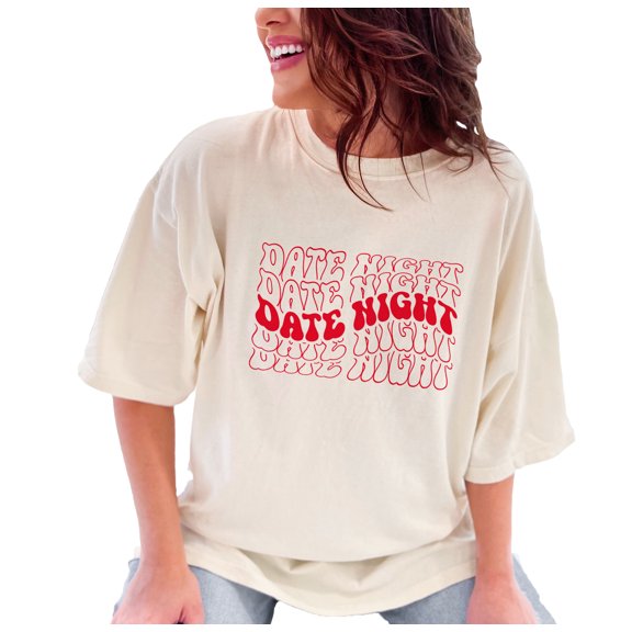 Date Night, Couple or Lovers Quote, Groovy Retro Wavy Text, Ivory Comfort Colors T-Shirt, Small