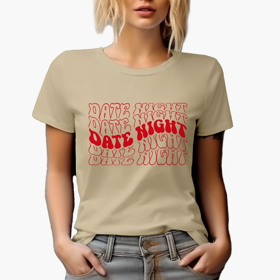 Date Night, Couple or Lovers Quote, Groovy Retro Wavy Text Merch Gift, Tan T-Shirt, Medium