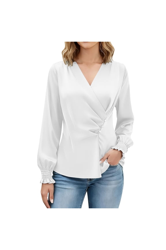 Date Night Satin Blouse – Women's V Neck Pleated Top, Solid Color Long Sleeve Elegant Dressy Casual Luxe Fabric for Workwear Chic Evening Occasions