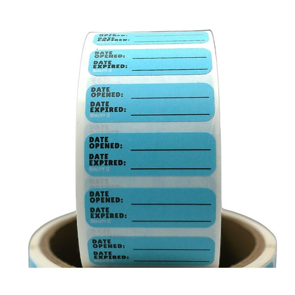 Date Opened Date Expired Labels, Blue 1.5" x 0.5", by Quality IZ (500/roll, 1 Roll)
