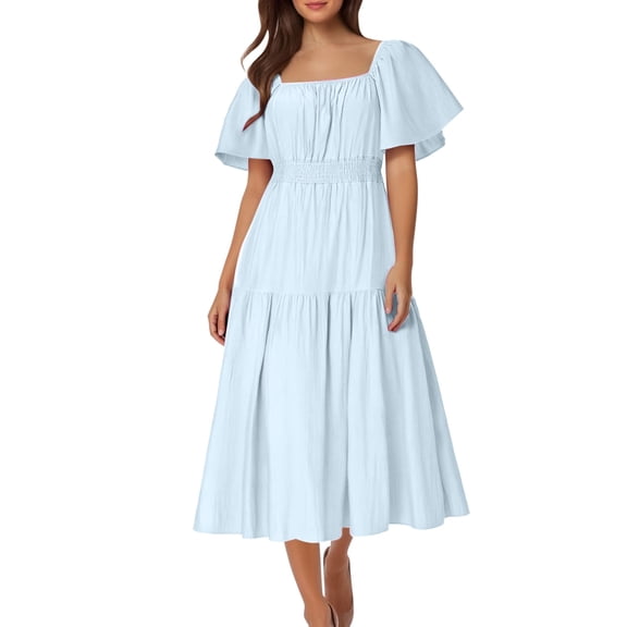 Date Outfits Fashion Women Summer Casual Square Neck Short Sleeve Solid Dress Light Blue Xxl