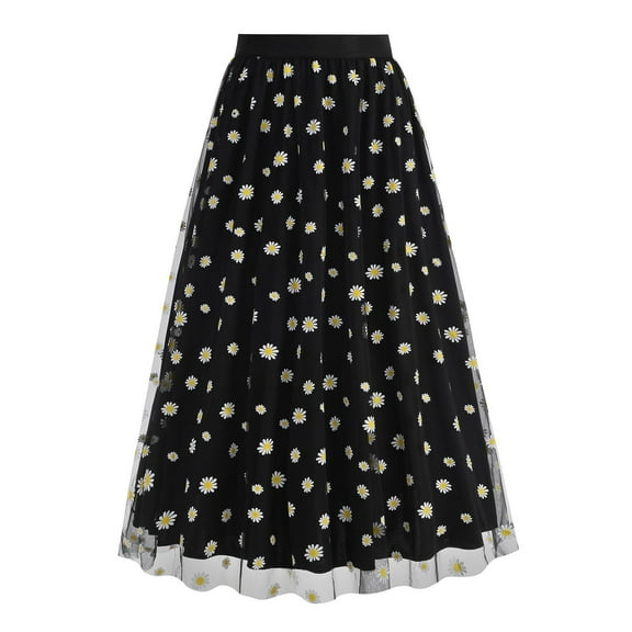 Date Outfits Women's Long Skirt Flower Embroidery Solid Color High Waist Mesh Midi Skirt Black M