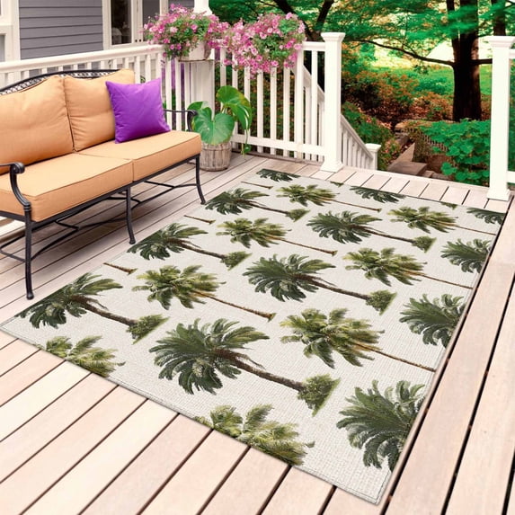 Date Palm Trees Outdoor Rug 3x5 Ft, Non Slip Washable Area Rug, Retro Summer Tropical Trees Plants Beige Patio Rugs Carpet Runner, Large Floor Mat for Indoor/Outdoor Deck Porch Camping