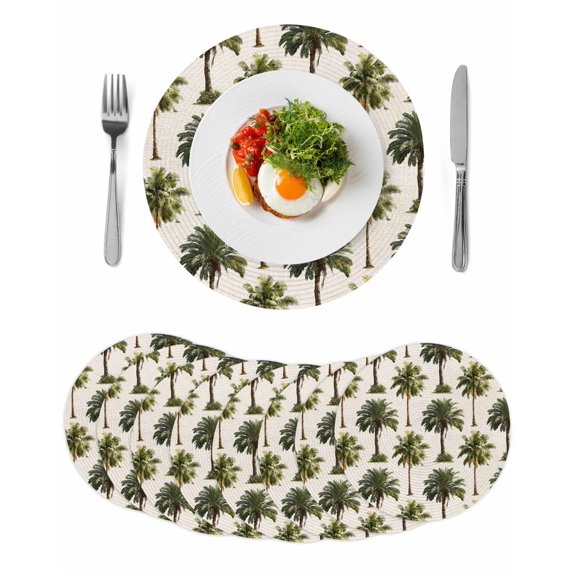 Date Palm Trees Round 15 Inch Placemats Set of 8, Retro Summer Tropical Trees Plants Beige HeatResistant Non Slip Place Mats for Dining Table, Wipeable Braided Kitchen Table Mats for Housewarming