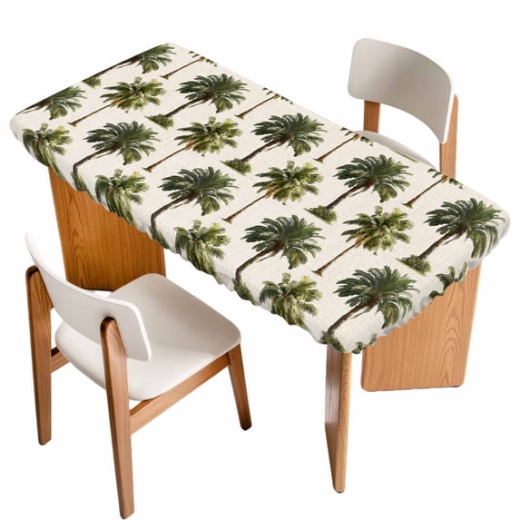 Date Palm Trees Table Cloths for 4 Foot Rectangle Tables, Retro Summer Tropical Trees Plants Beige Patio Waterproof Elastic Fitted Tablecloths, Washable Rectangular Table Cover for Camping