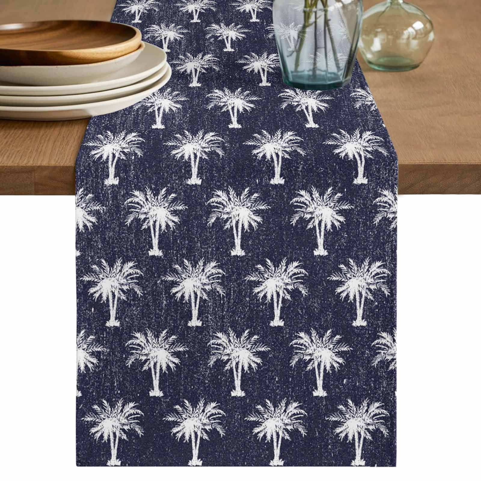 Date Tree Cotton Linen Table Runner for Dining Kitchen, Navy Blue ...