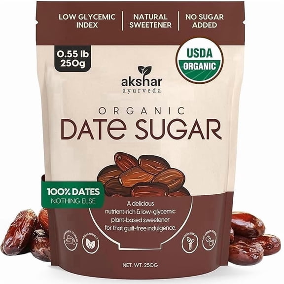 AKSHAR AYURVEDA Organic Date Sugar Alternative for Baking and Desserts, Low Glycemic Natural Sweetener, 250g 2-pack