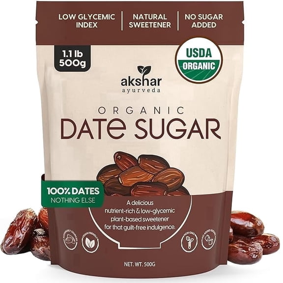 AKSHAR AYURVEDA Organic Date Sugar Alternative for Baking and Desserts, Low Glycemic Natural Sweetener, 500g