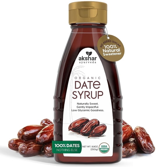 AKSHAR AYURVEDA Pure Date Syrup, Low Glycemic Natural Liquid Sweetener and Sugar Substitute, 8.8 oz
