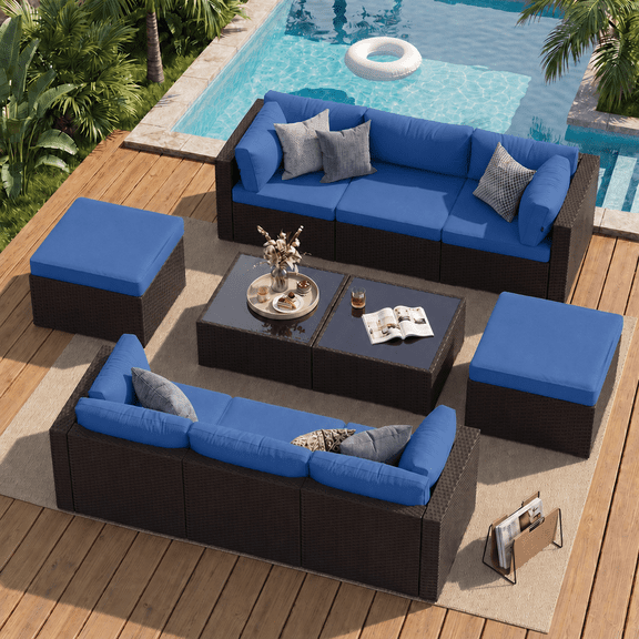 Dateyes 10 Pieces Patio Furniture Set, All-Weather Wicker Rattan Patio Sectional Sofa Set with Coffee Table and Waterproof Cover(Navy Blue)