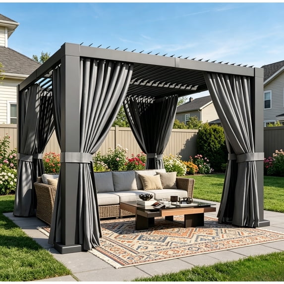 Sunmthink 10' x 10' Louvered Pergola, Outdoor Aluminum Pergola with Curtains & Netting for Decks, Gardens and Backyards, Gray