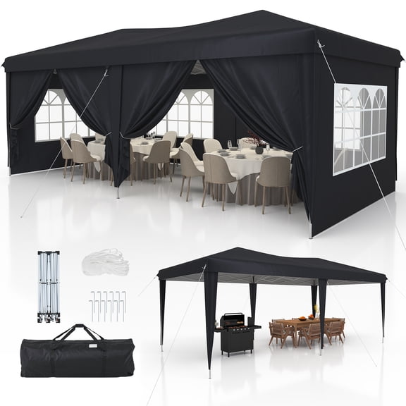 Dateyes 10x20 Pop Up Canopy Tent, Waterproof Party Tent with 6 Removable Sidewalls, 3-Level Height Adjustable Event Tent, Instant Shelter for Wedding, Party, Commercial & Market Events, Black